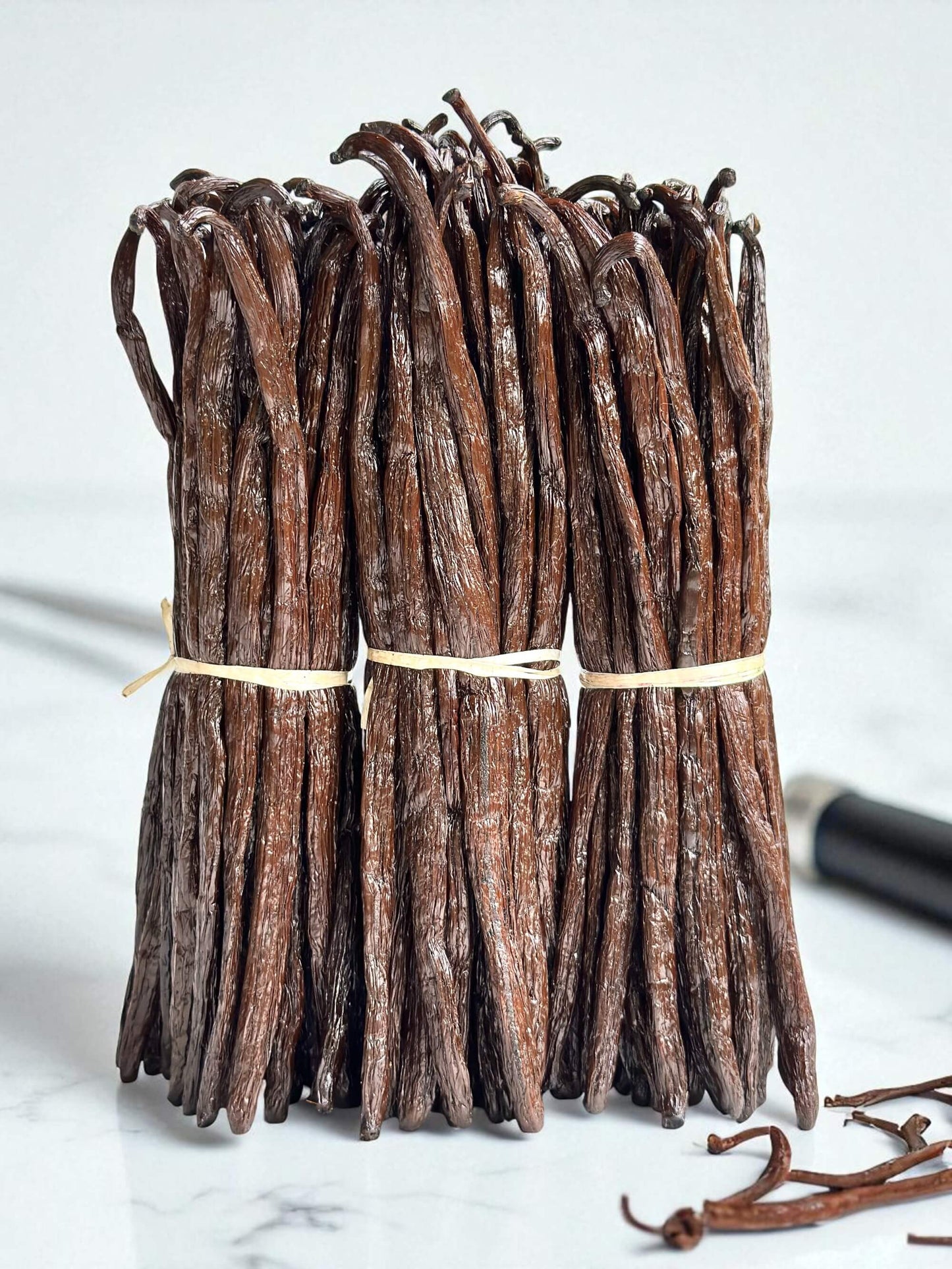 Bündel Bourbon-Vanilleschoten aus Madagaskar in einheitlicher Länge – ideal für Gastronomie und gewerbliche Weiterverarbeitung.