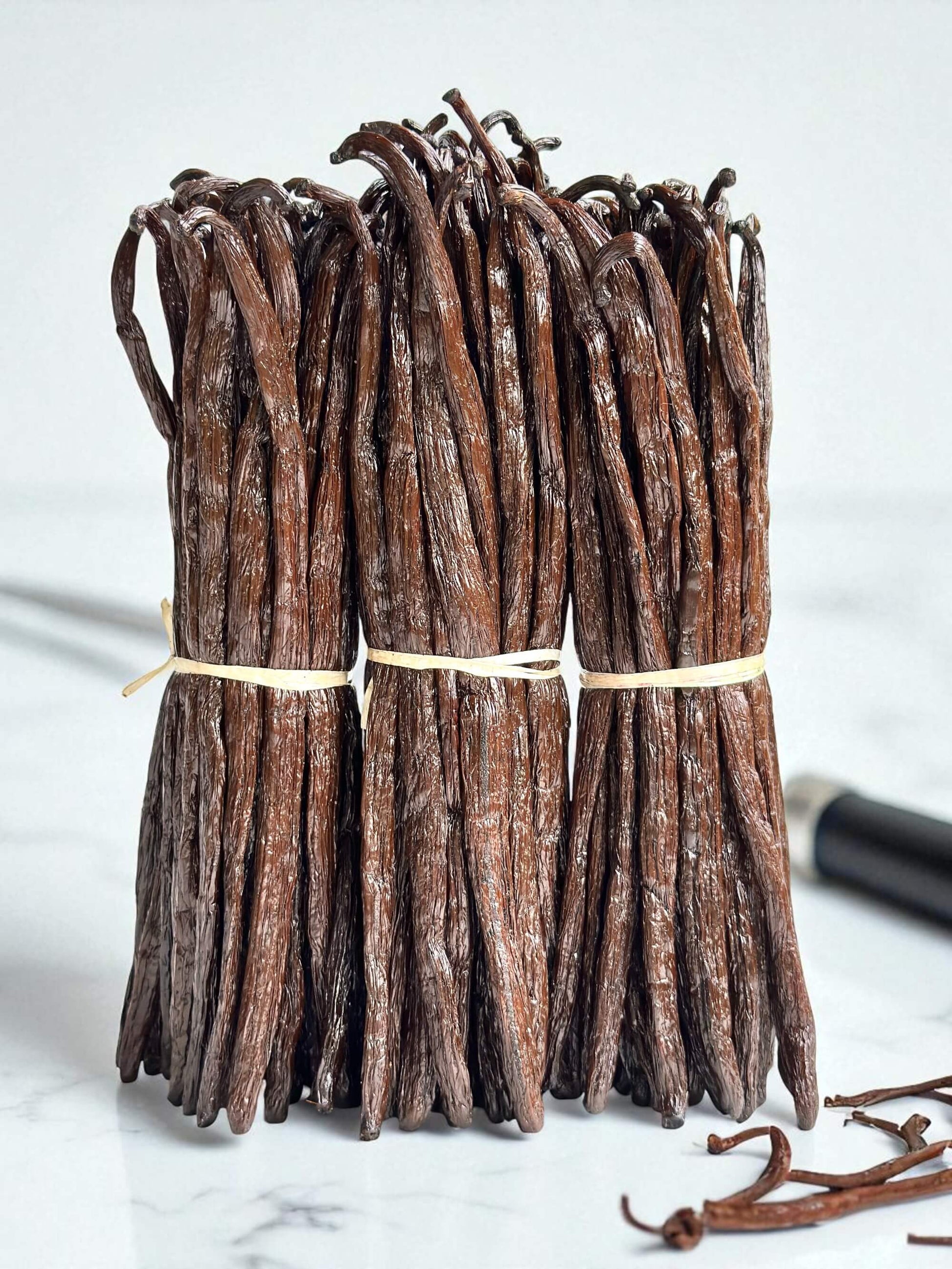 Bündel Bourbon-Vanilleschoten aus Madagaskar in einheitlicher Länge – ideal für Gastronomie und gewerbliche Weiterverarbeitung.