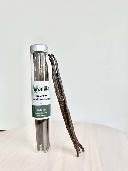 Zehn Bourbon-Vanilleschoten 18–20 cm im Schraubglas – aromatische Premiumschoten für den privaten Gebrauch.