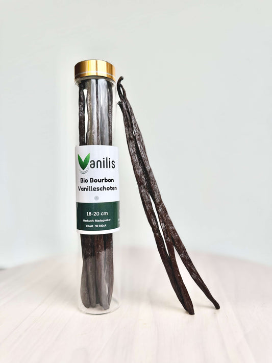 Zehn Bio-Bourbon-Vanilleschoten 18–20 cm im Schraubglas – zertifizierte Bioqualität aus Madagaskar.