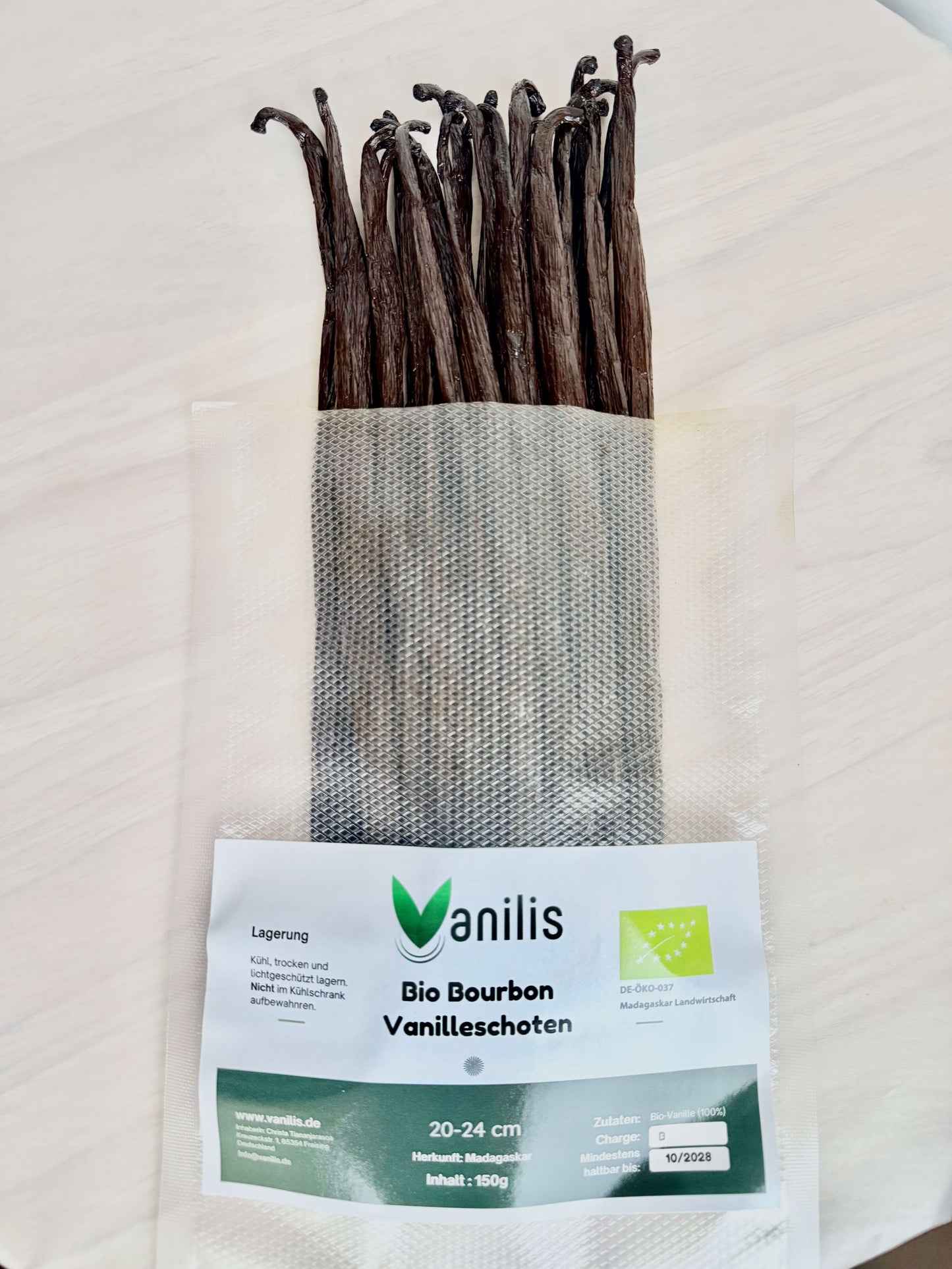 Bio-Gourmet-Bourbon-Vanilleschoten 20–24 cm ausgepackt aus Vakuumbeutel – zertifizierte Premiumqualität.