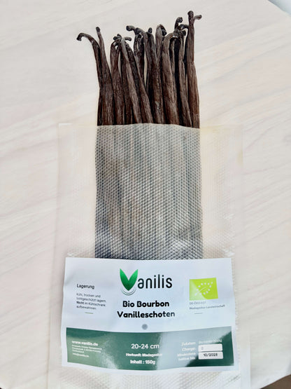 Bio-Gourmet-Bourbon-Vanilleschoten 20–24 cm ausgepackt aus Vakuumbeutel – zertifizierte Premiumqualität.