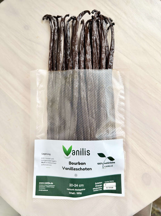 Ausgepackte Gourmet-Bourbon-Vanilleschoten 20–24 cm aus vakuumierter Packung – intensiv aromatisch.